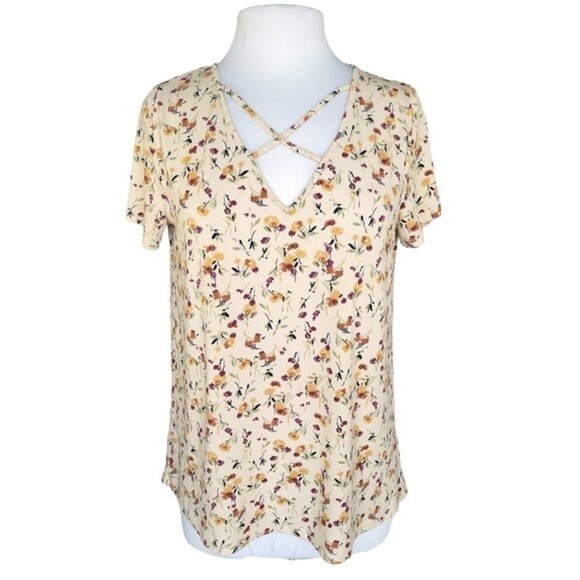 Kaileigh Tops - Kaileigh | Women's Yellow Floral Criss Cross Front Shirt - Size M